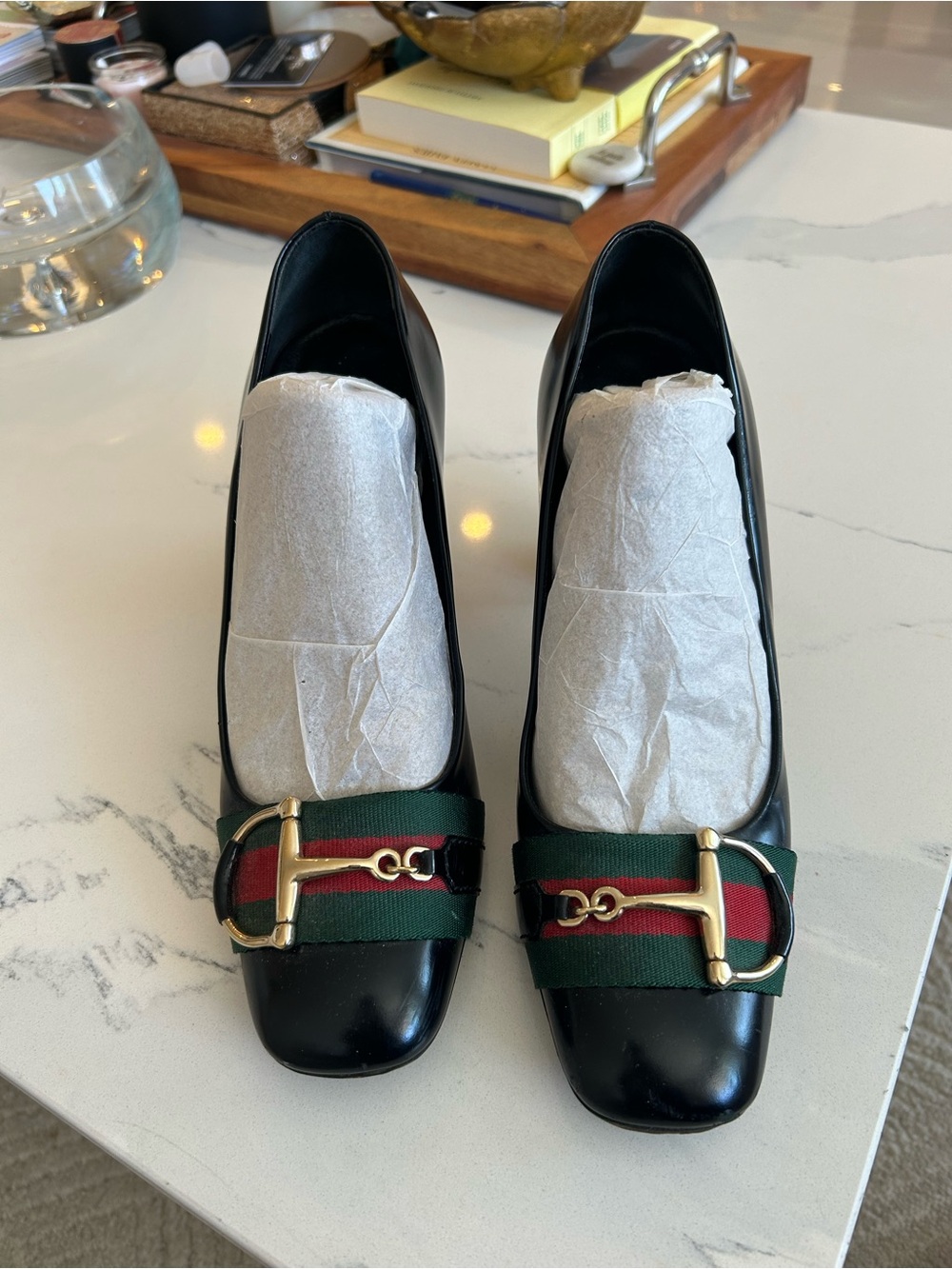 Gucci Black Leather Pump Heels with Green & Red Web and horsebit Gold Hardware